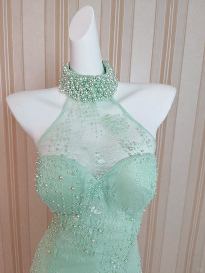 Modest Mermaid High Neck Mint Green Lace Evening Dresses Night Date Prom Dress N4483
