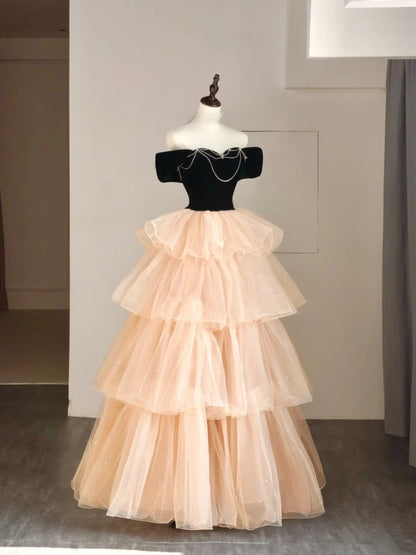 Robe de bal princesse à épaules dénudées en tulle champagne, tenue de soirée pour le bal de fin d'année scolaire, robe de remise de diplômes pour adolescentes N1348