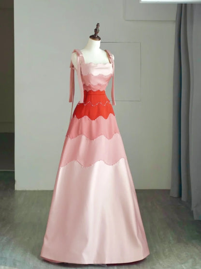 Robe de bal longue en satin rose à bretelles, style tendance, idéale pour les soirées et les fêtes de fin d'année (N681)
