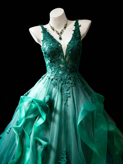 Modest Prom Dresses Ball Gown V Neck Dark Green Tulle With Appliqued Long Quince Dress N3057