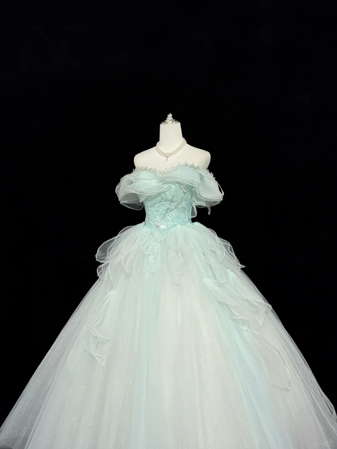 Tulle Prom Dress Long Floor Length Ball Gown Off Shoulder Mint Green With Sleeves Formal Evening Gown For Women RC0276
