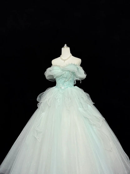 Tulle Prom Dress Long Floor Length Ball Gown Off Shoulder Mint Green With Sleeves Formal Evening Gown For Women RC0276