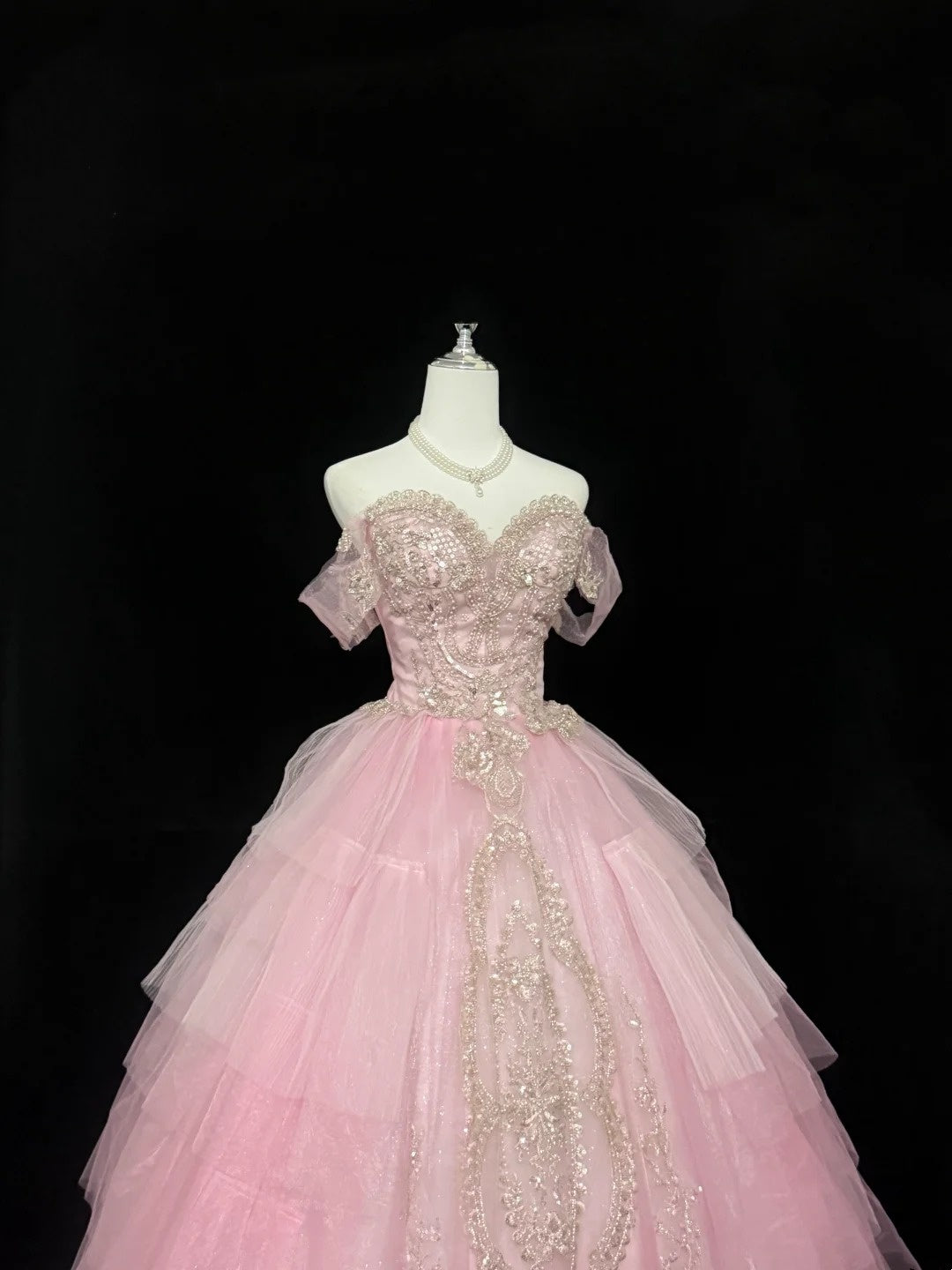 Sweet 15 Quinceanera Dress Ball Gown Off Shoulder Pink With Gold Lace Sleeves Long 15th Birthday Gown RC0318