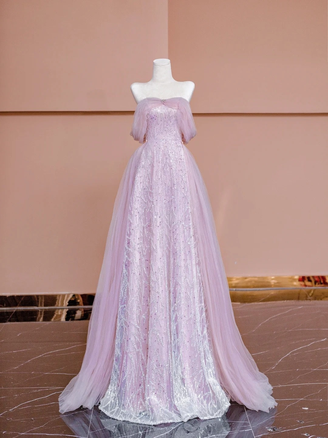 Robe de soirée longue à paillettes roses, coupe trapèze, épaules dénudées et manches courtes, modèle N723