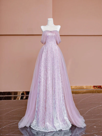 Robe de soirée longue à paillettes roses, coupe trapèze, épaules dénudées et manches courtes, modèle N723