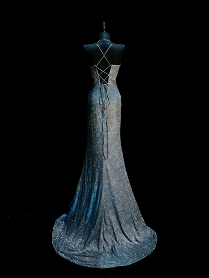 Elegantes, marineblaues Pailletten-Abendkleid mit Spaghettiträgern im Meerjungfrauenstil – perfekt für Partys, Abschlussbälle und Hochzeiten (Modell N926)