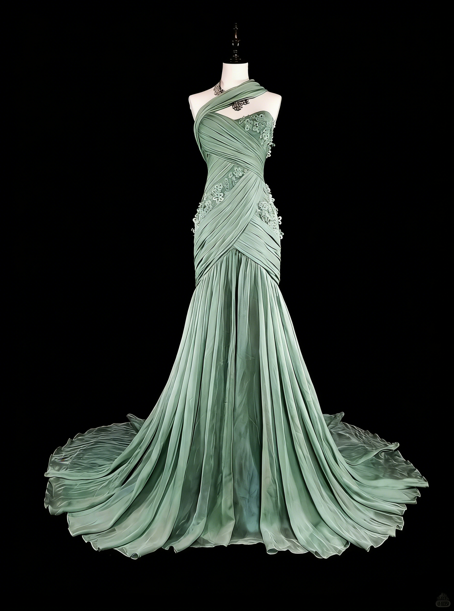 Vintage Ballkleider Ästhetik Meerjungfrau One Shoulder Salbeigrün Chiffon mit Applikationen Langes Abendkleid N2161