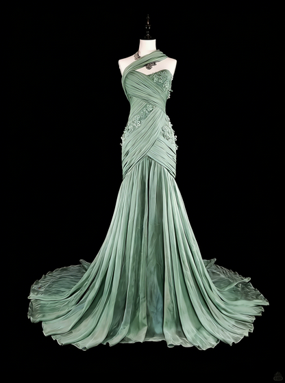 Vintage Ballkleider Ästhetik Meerjungfrau One Shoulder Salbeigrün Chiffon mit Applikationen Langes Abendkleid N2161
