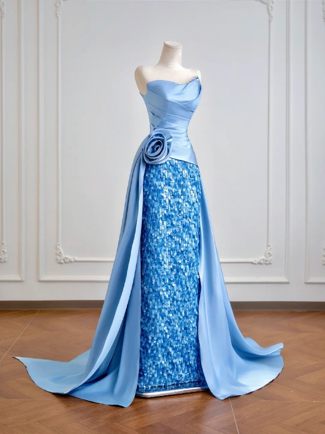 Robe de bal sirène bustier en satin bleu à sequins, longue, pour soirée formelle ou anniversaire, N381