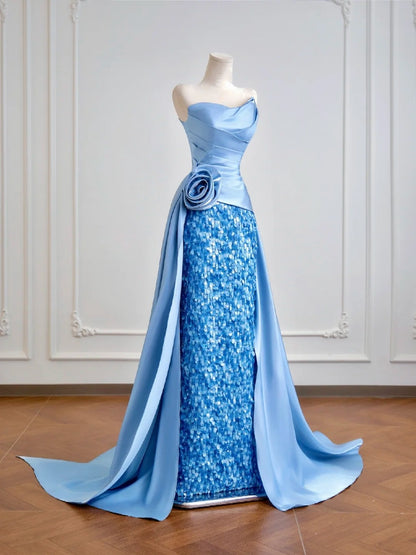 Robe de bal sirène bustier en satin bleu à sequins, longue, pour soirée formelle ou anniversaire, N381