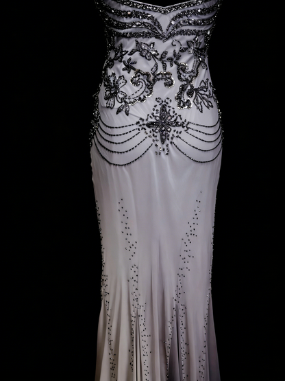 Vintage-Stil: Meerjungfrauen-Kleid mit Spaghettiträgern im Stil der 80er, 70er und 90er Jahre, grau, für College, Abschlussball oder andere festliche Anlässe (N1144)