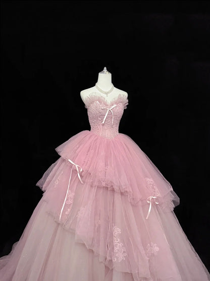 Sweet 15 Quinceanera Dress Ball Gown Sweetheart Pink With Lace Appliqued Tiered 15th Birthday Gown RC0237