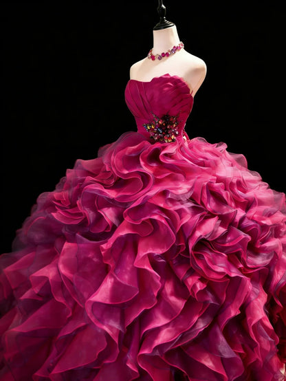 Robes de bal de promo modestes bustier en organza rose vif avec des couches longue robe de Quinceañera N3054