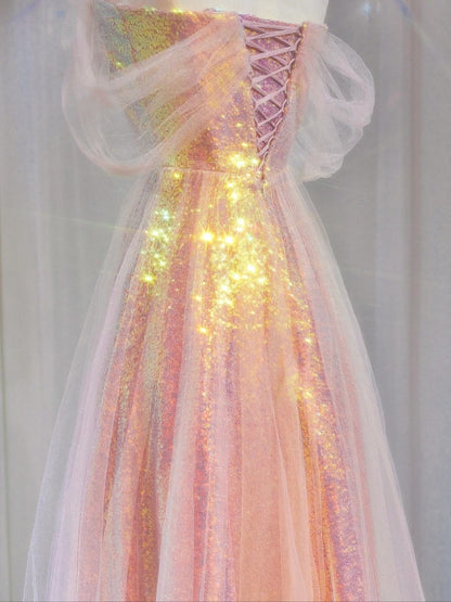 Magnifique robe de soirée longue rose à sequins, coupe trapèze, épaules dénudées et manches courtes, référence N721