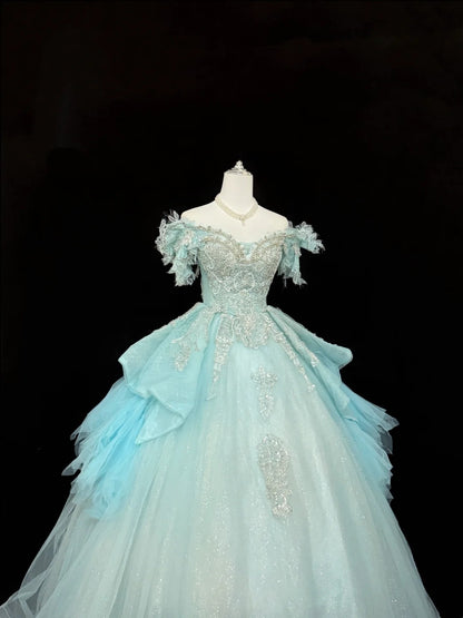 Sweet 15 Quinceanera Dress Ball Gown Off Shoulder Blue With Lace Appliques Tulle 15th Birthday Gown RC0261
