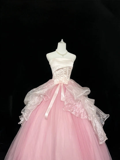 Sweet 16 Dresses Long Ball Gown Sweet Sixteen Long Birthday Dress Strapless Pink Tulle Formal Gown RC0324