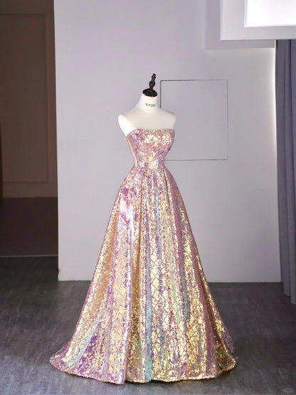 New Ball Gown Strapless Sequins Short Sleeves Long Prom Dresses For High School Teens Girls Formal Bridesmaid Dress N1072
