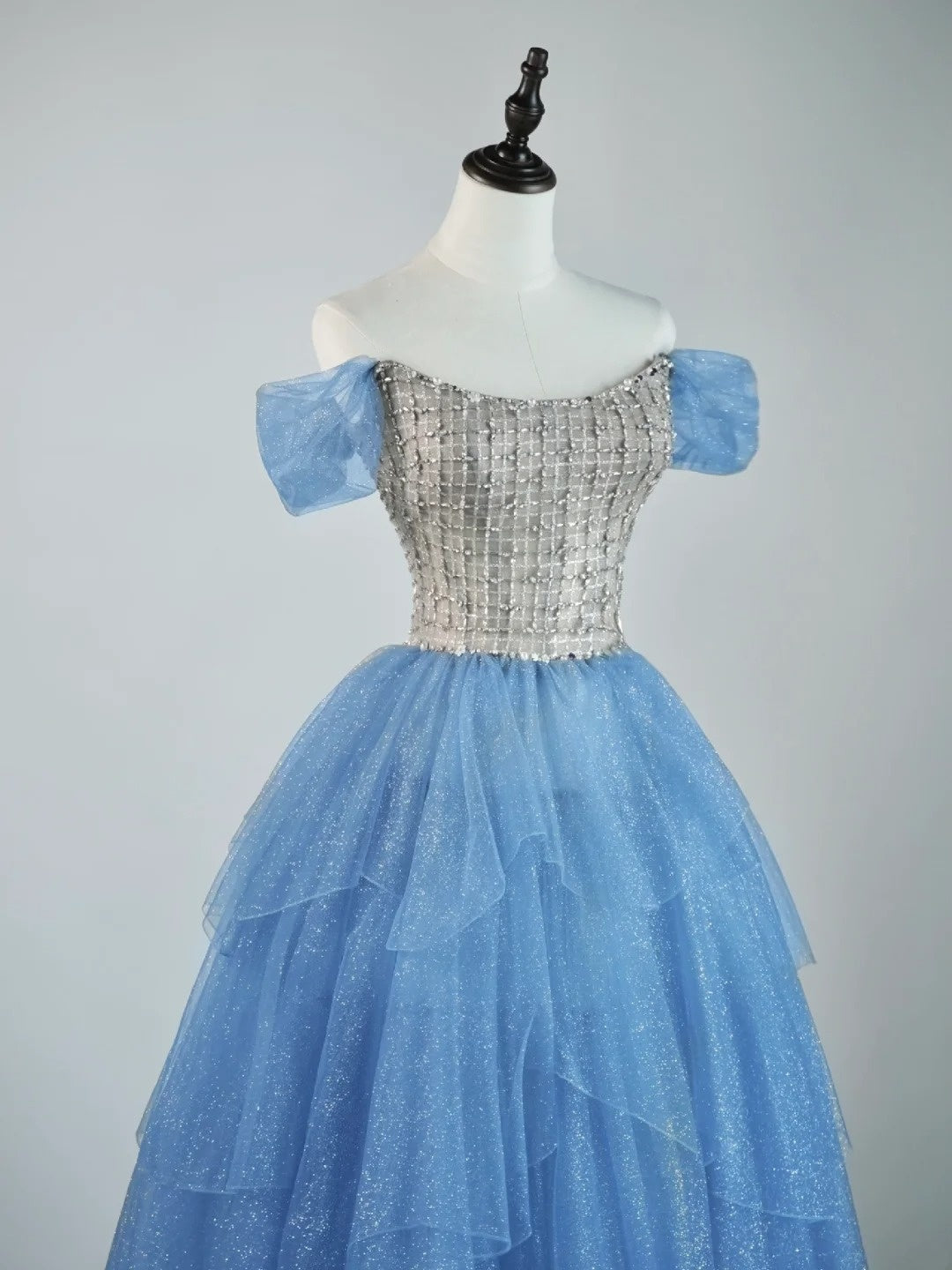 Robe de bal princesse à épaules dénudées en tulle bleu, tenue de soirée pour le lycée, robe de fin d'année pour adolescentes N1347