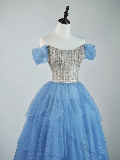 Robe de bal princesse à épaules dénudées en tulle bleu, tenue de soirée pour le lycée, robe de fin d'année pour adolescentes N1347