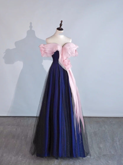 Robe de bal élégante et discrète, épaules dénudées, en tulle bleu et rose, idéale pour une soirée étudiante ou un bal de fin d'année (Sweet 16), robe longue pour adolescentes N1164