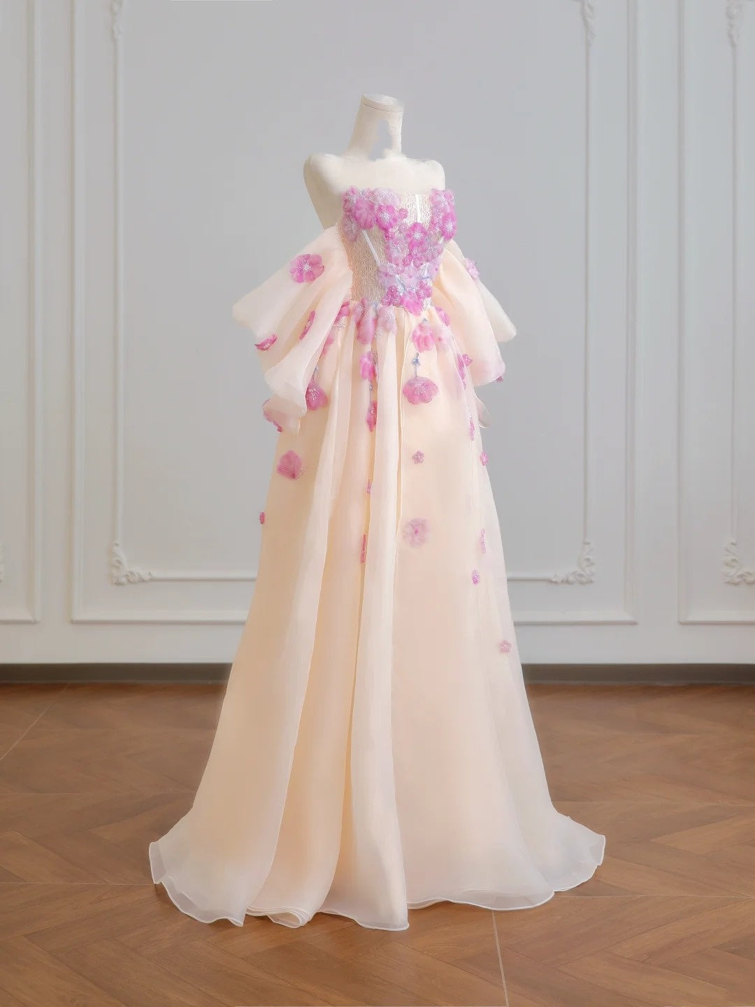 Robe de bal princesse bustier en tulle champagne avec dentelle, longue, inspiration robes de soirée N309