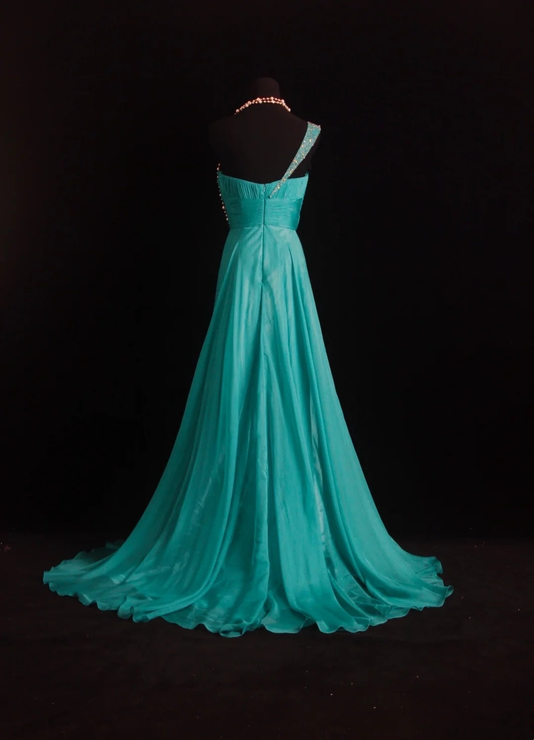 Robes de bal vintage Trapèze Asymétrique Vert Sans manches Perlé Années 80 Mousseline Robe de soirée formelle RB3266