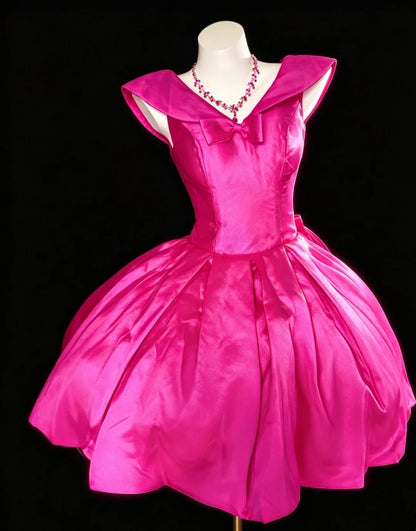 Robe courte de soirée/cocktail/retour aux études en satin rose vif, coupe trapèze et décolleté en V N4213