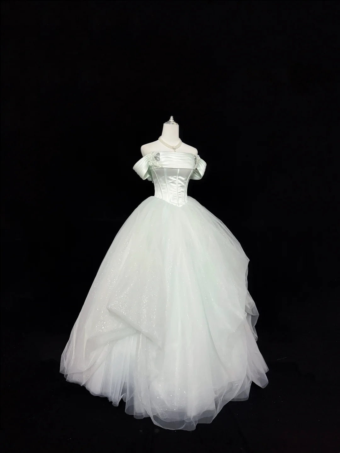 Prom Dress Long Floor Length Ball Gown Off Shoulder Tulle Sage Green With Sleeves Formal Evening Gown For Women RC0305