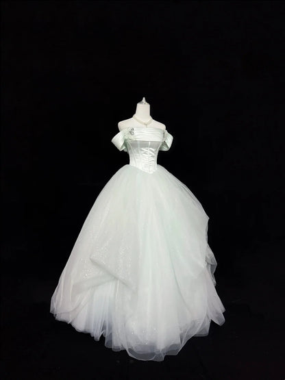 Prom Dress Long Floor Length Ball Gown Off Shoulder Tulle Sage Green With Sleeves Formal Evening Gown For Women RC0305