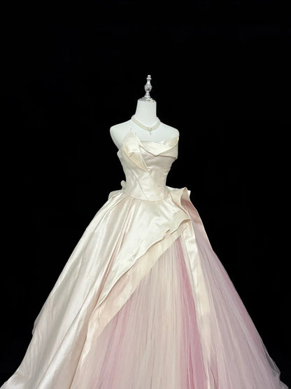 Cute Sweet 16 Dresses Long Ball Gown Strapless Pink Satin Tulle Formal Sweet Sixteen Birthday Gown RC0260