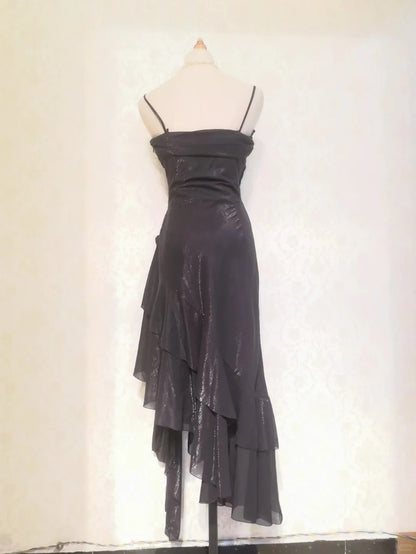 Vintage Prom Dresses 80s Mermaid Spaghetti Straps Black Tie Dress Irregular Hem Tea Length Formal Outfit RB4318
