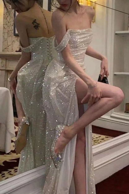 Shiny Off The Shoulder Prom Dresses, Long Evening Formal Gown With High Slit Party Gowns N341