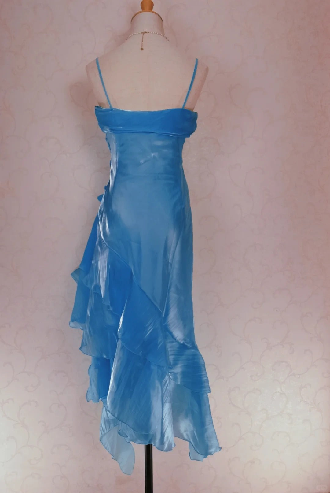 Vintage Prom Dresses 70s Mermaid Spaghetti Straps Blue Irregular Hem Tea Length Formal Outfits RB4314