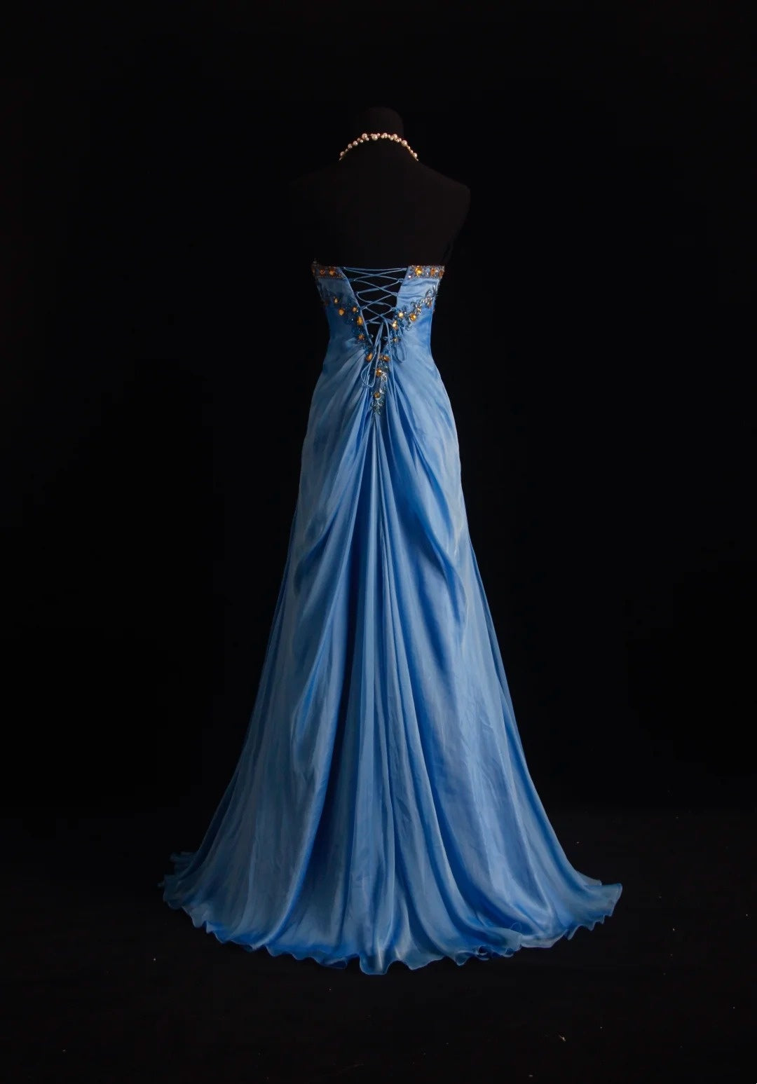 Robes de bal vintage sirène bustier en mousseline bleue années 80 avec perles dorées à volants, longues tenues de soirée formelles N4215