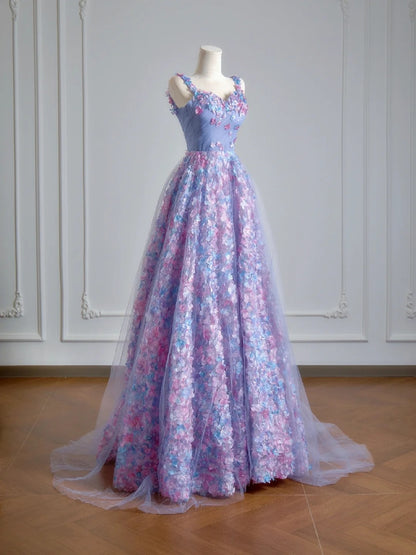 Robe de bal longue de soirée à bretelles spaghetti, coupe princesse, en tulle lilas fleuri, avec foulard intégré, référence N347