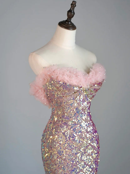 Robe de bal longue rose à sequins, décolleté en cœur, style sirène, taille basse, robe de soirée semi-formelle N686
