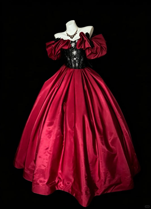Prinzessin Ballkleid schulterfrei roter Satin mit schwarzer Spitze Sweet 16 Kleider Quinceanera Kleid N4194