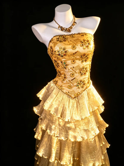 Robe de soirée bustier modeste, dorée à volants étagés, pour bal de promo ou rendez-vous galant N4475
