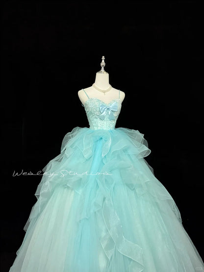 Sweet 15 Quinceanera Dress Ball Gown Spaghetti Straps Blue With Bow-knot Tulle 15th Birthday Gown RC0247
