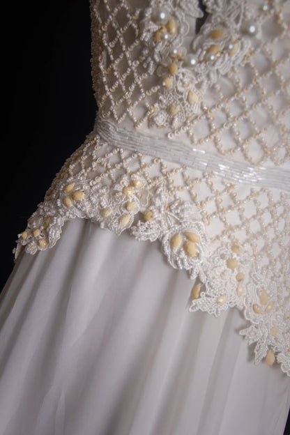 Robe de bal longue blanche en mousseline, coupe trapèze rétro, inspiration pour un 18e anniversaire, robe de soirée N488