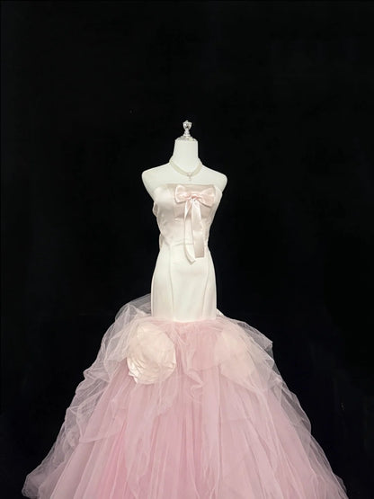 Prom Dress Long Floor Length Mermaid Strapless Tulle Pink With Flowers Formal Evening Gown For Women RC0322