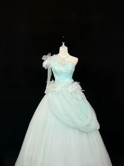 Sweet 16 Dresses Long Ball Gown Sweet Sixteen Long Birthday Dress One Shoulder Blue Tulle Formal Gown RC0292