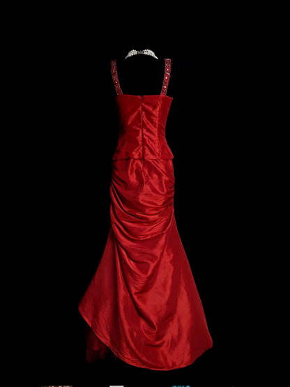Robe de bal longue rouge satinée à décolleté cœur, style sirène, élégante, pour lycéennes, N1250