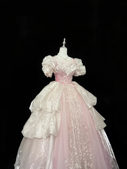 Sweet 16 Dresses Long Ball Gown Scoop Neck Pink With Sequin Lace Sweet Sixteen Birthday Gown RC0298