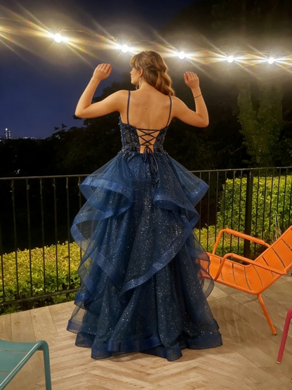 Vintage-Ballkleid mit Spaghettiträgern, marineblauer Tüll, langes Abendkleid, Inspiration für Partys und Abschlussbälle RA084