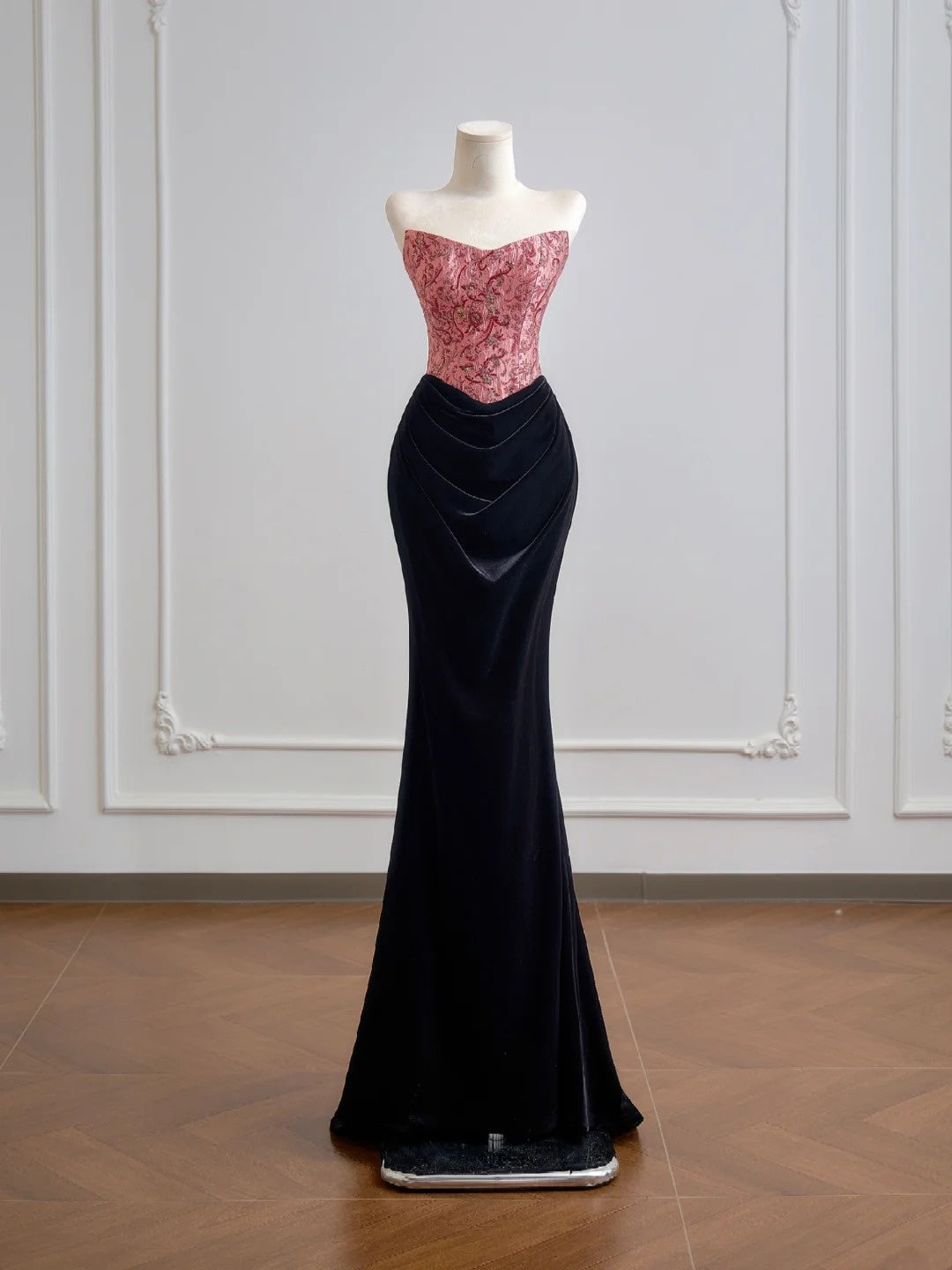 Flattering Mermaid Strapless Pink Satin With Velvet Black Prom Dresses Long Evening Formal Birthday Party Gowns N382