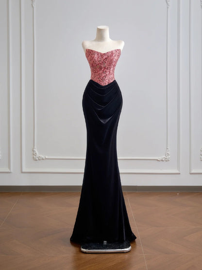 Flattering Mermaid Strapless Pink Satin With Velvet Black Prom Dresses Long Evening Formal Birthday Party Gowns N382