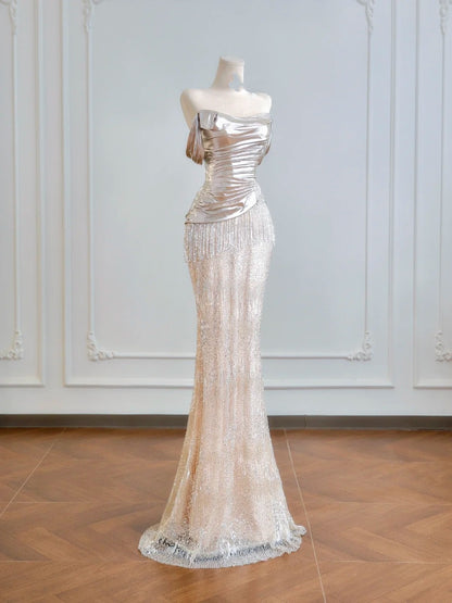 Robe de bal longue sirène scintillante à épaules dénudées et sequins champagne, idéale pour un 18e anniversaire (N389)