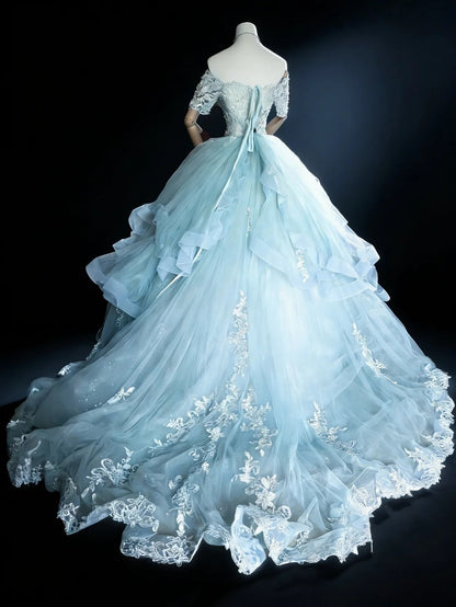 Bescheidene Ballkleider für den Abschlussball, schulterfrei, hellblau, Tüll mit Ärmeln, langes Quinceañera-Kleid N3050