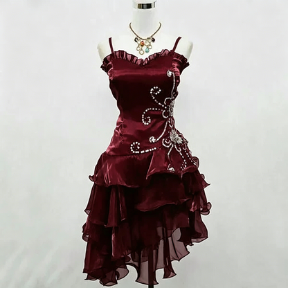 Süßes Ballkleid Spaghettiträger Burgund Kleines Schwarzes Organza Mit Silberperlen Partykleid Heimkehrkleider N3907